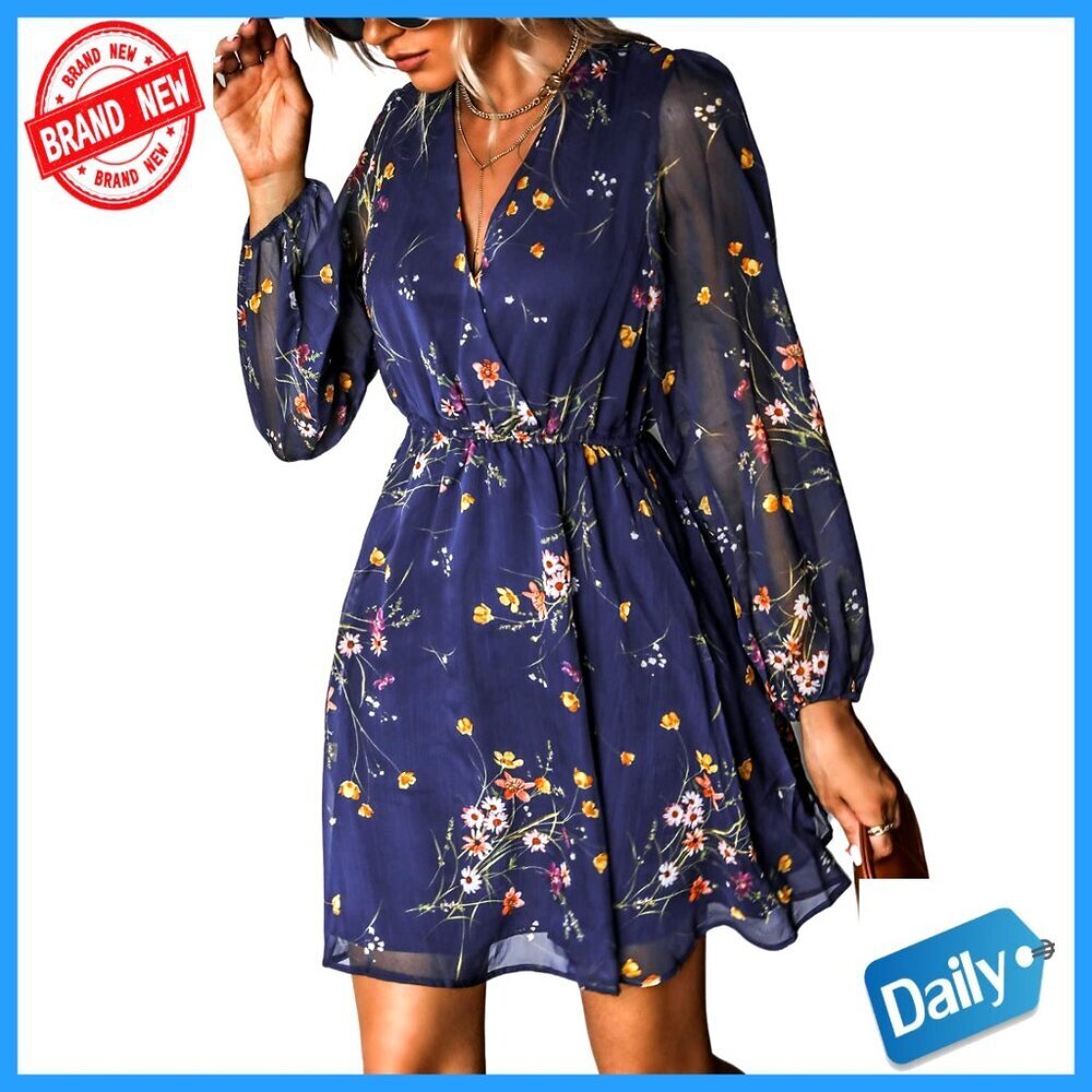 Chiffon Mini Dress V Neck Long Sleeves Flowy Elegant Casual Spring Summer